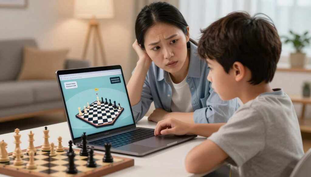 A concerned parent sitting at a desk, closely observing their child playing chess on a laptop, highlighting the importance of safety in online gaming. The child, focused and engaged, is in a modest, casual outfit, while the parent wears professional attire, exuding a protective demeanor. In the foreground, a chessboard is visible, symbolizing the game. In the middle, the laptop screen displays a friendly online chess environment with chess pieces, and a subtle warning sign about online safety appears. The background is softly blurred, showing a cozy and secure home setting with warm lighting to convey a nurturing atmosphere. The branding "Chess Classes USA" is embedded subtly in the scene without being intrusive. The overall mood is attentive yet reassuring, emphasizing the need for vigilance in children's online activities. A concerned parent sitting at a desk, closely observing their child playing chess on a laptop, highlighting the importance of safety in online gaming. The child, focused and engaged, is in a modest, casual outfit, while the parent wears professional attire, exuding a protective demeanor. In the foreground, a chessboard is visible, symbolizing the game. In the middle, the laptop screen displays a friendly online chess environment with chess pieces, and a subtle warning sign about online safety appears. The background is softly blurred, showing a cozy and secure home setting with warm lighting to convey a nurturing atmosphere. The branding "Chess Classes USA" is embedded subtly in the scene without being intrusive. The overall mood is attentive yet reassuring, emphasizing the need for vigilance in children's online activities.