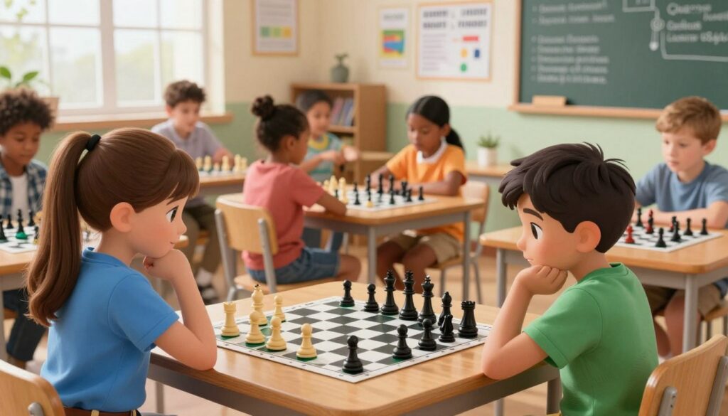 A cozy and engaging chess classroom filled with children aged 8 to 12 focused on a chess game, showcasing their concentration and excitement. In the foreground, a girl in a bright blue shirt visualizes her next move, while a boy in green thoughtfully observes his opponent. In the middle, a diverse group of kids sits at wooden tables examining chess puzzles with colorful pieces, symbolizing problem-solving and critical thinking. In the background, a poster showcasing the benefits of chess, such as teamwork, strategy, and patience, is subtly displayed. Soft natural sunlight filters through the windows, creating a warm and inviting atmosphere. The image should reflect an educational and motivational tone. Include the logo of "Chess Classes USA" subtly in a corner, emphasizing the chess learning environment. A cozy and engaging chess classroom filled with children aged 8 to 12 focused on a chess game, showcasing their concentration and excitement. In the foreground, a girl in a bright blue shirt visualizes her next move, while a boy in green thoughtfully observes his opponent. In the middle, a diverse group of kids sits at wooden tables examining chess puzzles with colorful pieces, symbolizing problem-solving and critical thinking. In the background, a poster showcasing the benefits of chess, such as teamwork, strategy, and patience, is subtly displayed. Soft natural sunlight filters through the windows, creating a warm and inviting atmosphere. The image should reflect an educational and motivational tone. Include the logo of "Chess Classes USA" subtly in a corner, emphasizing the chess learning environment.