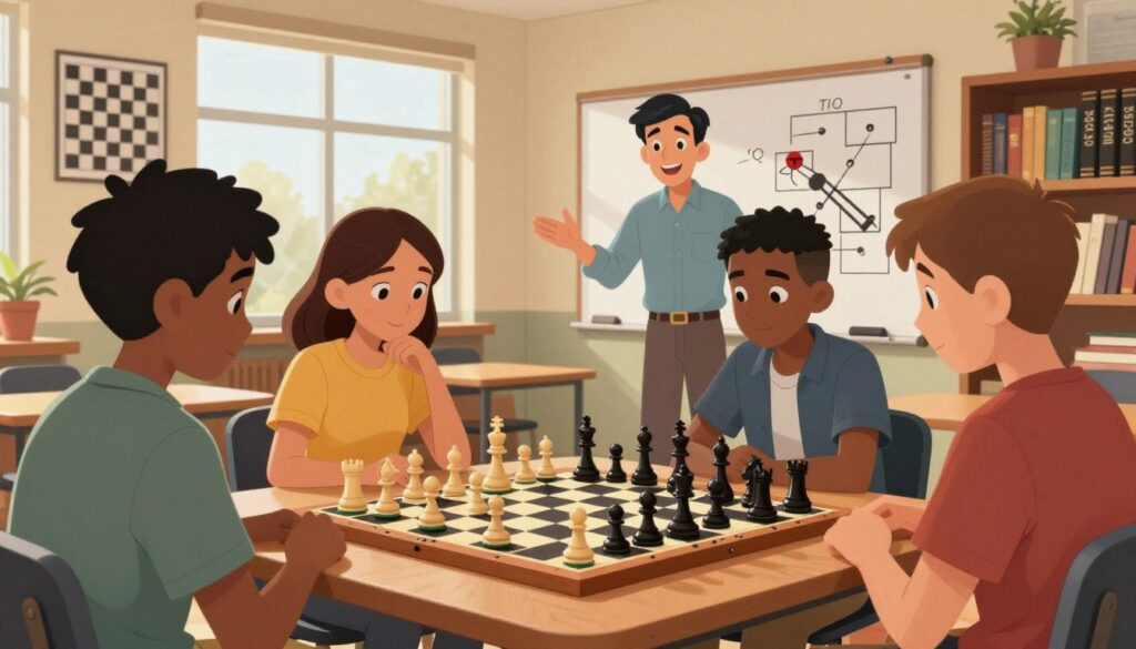 A cozy and inviting chess classroom in Ohio featuring a diverse group of four students, aged 20 to 50, engaged in a chess lesson. In the foreground, a wooden chessboard is prominently displayed, with pieces strategically placed. The middle ground showcases a friendly instructor explaining a move, accentuated by informative diagrams on a whiteboard behind him. The background reveals large windows allowing warm, natural light to flood the room, creating an inspiring atmosphere. The decor includes chess posters and a bookshelf filled with chess literature. The students are dressed in modest casual clothing, focused and eager. The image captures a sense of community and learning. Incorporate the brand name "Chess Classes USA" subtly into the scene for branding. A cozy and inviting chess classroom in Ohio featuring a diverse group of four students, aged 20 to 50, engaged in a chess lesson. In the foreground, a wooden chessboard is prominently displayed, with pieces strategically placed. The middle ground showcases a friendly instructor explaining a move, accentuated by informative diagrams on a whiteboard behind him. The background reveals large windows allowing warm, natural light to flood the room, creating an inspiring atmosphere. The decor includes chess posters and a bookshelf filled with chess literature. The students are dressed in modest casual clothing, focused and eager. The image captures a sense of community and learning. Incorporate the brand name "Chess Classes USA" subtly into the scene for branding.