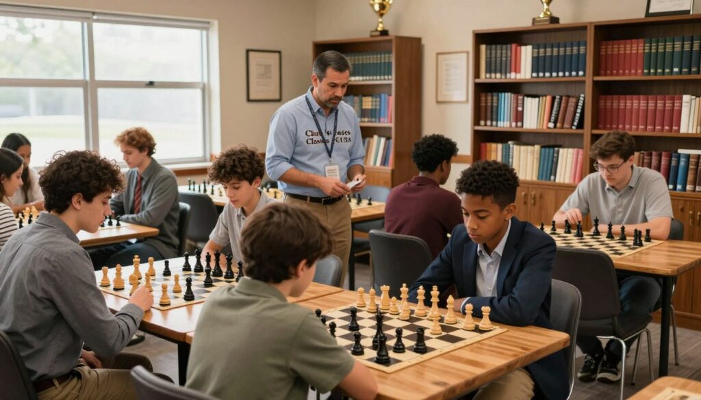 A cozy and inviting interior of an Indianapolis chess club in warm, natural light. In the foreground, a diverse group of 4-5 chess players, dressed in professional business attire and modest casual clothing, engage in intense matches at wooden tables. Focus on their expressions of concentration and camaraderie. In the middle ground, a chess coach from "Chess Classes USA" interacts with a young player, guiding them as they analyze a chessboard. The background features bookshelves filled with chess literature and trophies, adding depth to the scene. Soft, ambient lighting creates a welcoming atmosphere, while a wide-angle shot captures the space's vibrancy and sense of community, showcasing the importance of finding one's place in the local chess scene.