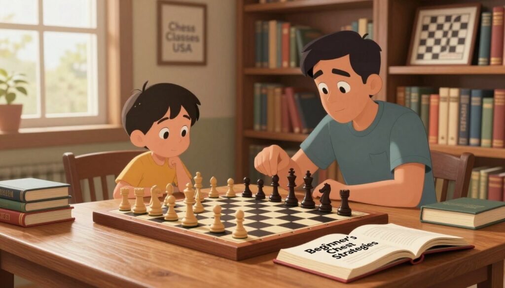 A cozy and inviting library setting filled with books on chess strategies, focusing on beginner tactics. In the foreground, a well-organized chessboard sits on a polished wooden table, pieces arranged in a mid-game scenario. A strategically placed chess book, titled "Beginner's Chess Strategies," lies open beside the board, pages gently turned by a slight breeze. In the middle ground, a young child and an adult engage over the board, both wearing modest casual clothing, displaying expressions of concentration and curiosity. The warm, natural lighting streaming through a nearby window creates a calm atmosphere enriched by the rich brown tones of the wood and books. In the background, shelves lined with books and a couple of framed chess-themed artworks, subtly introducing the branding of "Chess Classes USA" into the environment in a tasteful way.