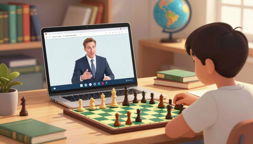 A cozy and inviting online chess lesson scene featuring a young student, around 10 years old, sitting at a well-lit desk with a laptop open to a chess interface. In the foreground, a colorful chessboard is prominently displayed with pieces arranged in a lively game, casting soft shadows on the desk. The middle layer reveals a split-screen view on the laptop, showcasing a friendly and knowledgeable instructor in professional business attire, guiding the student with engaging expressions. The background includes a shelf filled with books about chess strategy and a small globe, symbolizing regional diversity across the United States. Warm lighting enhances the atmosphere of learning and curiosity, with a focus on the connection between the student and teacher. Branding "Chess Classes USA" is subtly represented in the chess interface on the laptop screen.