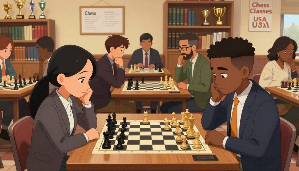 A cozy and vibrant scene depicting a chess club in Portland, Oregon, showcasing a group of diverse players engaged in intense games. In the foreground, a focus on two individuals—one Asian and one Black—concentrating over a chessboard, both dressed in professional business attire. The middle ground includes a wooden table with several chess sets, while other players are visible, deep in thought or discussing strategies. The background features warm lighting that creates an inviting atmosphere, with shelves of chess books and trophies highlighting the club's achievements. A sign that reads “Chess Classes USA” is subtly integrated into the decor. The image conveys a sense of community, competition, and camaraderie within the chess scene in Portland.