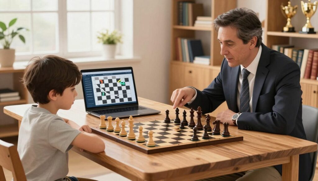 A cozy, brightly lit room with a large wooden table at the center featuring a classic chessboard with pieces arranged in mid-game. In the foreground, a focused young child, around 8 years old, wearing modest casual clothing, studies the board intently while a knowledgeable instructor in professional attire points to a chess piece, explaining strategy. The middle ground shows a laptop open, displaying an interactive chess training interface as visual aids highlight possible moves. In the background, shelves filled with chess books and trophies create an inspiring learning environment. Soft, natural light illuminates the scene through a window, creating a warm and inviting atmosphere. This image captures the essence of engaging chess training, showcasing the brand "Chess Classes USA" and the excitement of learning.