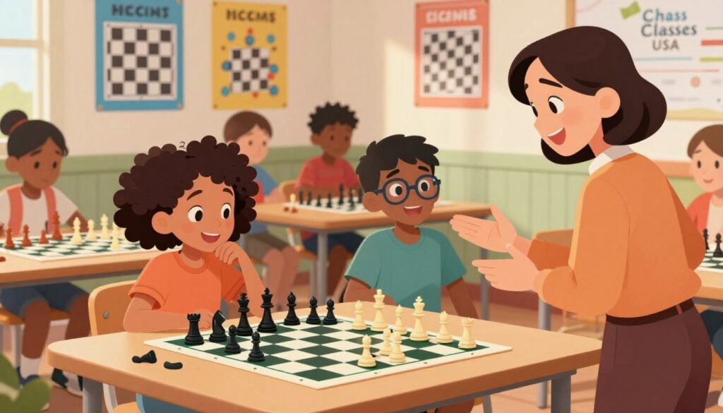 A cozy chess classroom filled with light, where diverse children, ages 8-12, engage in a fun chess lesson led by a cheerful instructor in smart casual attire. In the foreground, a girl with curly hair smiles while contemplating her next move, her hands resting on a chess piece. A boy in glasses enthusiastically gestures, showcasing a board filled with vibrant pieces. In the middle ground, several other children concentrate on their games, promoting a supportive atmosphere. The background features colorful educational posters about chess strategies and benefits, fostering a sense of playfulness. Soft, warm lighting illuminates the scene, creating a welcoming environment. Subtle branding of "Chess Classes USA" is visible on a wall poster. The mood is light-hearted and engaging, emphasizing learning and joy in chess. A cozy chess classroom filled with light, where diverse children, ages 8-12, engage in a fun chess lesson led by a cheerful instructor in smart casual attire. In the foreground, a girl with curly hair smiles while contemplating her next move, her hands resting on a chess piece. A boy in glasses enthusiastically gestures, showcasing a board filled with vibrant pieces. In the middle ground, several other children concentrate on their games, promoting a supportive atmosphere. The background features colorful educational posters about chess strategies and benefits, fostering a sense of playfulness. Soft, warm lighting illuminates the scene, creating a welcoming environment. Subtle branding of "Chess Classes USA" is visible on a wall poster. The mood is light-hearted and engaging, emphasizing learning and joy in chess.