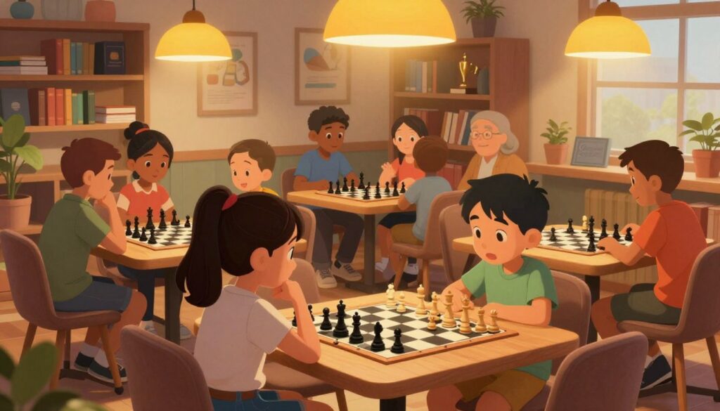 A cozy chess club environment filled with diverse children and adults, all engaged in spirited games and discussions. In the foreground, a young girl thoughtfully studying a chessboard, wearing smart casual attire, with a few chess pieces distinctly visible. In the middle ground, a group of children surround a large table, animatedly analyzing strategies while seated on comfortable chairs, with bright overhead lamps casting warm light. In the background, bookshelves filled with chess literature and trophies reflect the club's dedication to the game. The warm color palette, combined with inviting shelving and plants, creates a welcoming atmosphere. The scene captures the essence of camaraderie and learning, promoting an engaging social atmosphere. Logo of "Chess Classes USA" subtly integrated into the decor. A cozy chess club environment filled with diverse children and adults, all engaged in spirited games and discussions. In the foreground, a young girl thoughtfully studying a chessboard, wearing smart casual attire, with a few chess pieces distinctly visible. In the middle ground, a group of children surround a large table, animatedly analyzing strategies while seated on comfortable chairs, with bright overhead lamps casting warm light. In the background, bookshelves filled with chess literature and trophies reflect the club's dedication to the game. The warm color palette, combined with inviting shelving and plants, creates a welcoming atmosphere. The scene captures the essence of camaraderie and learning, promoting an engaging social atmosphere. Logo of "Chess Classes USA" subtly integrated into the decor.