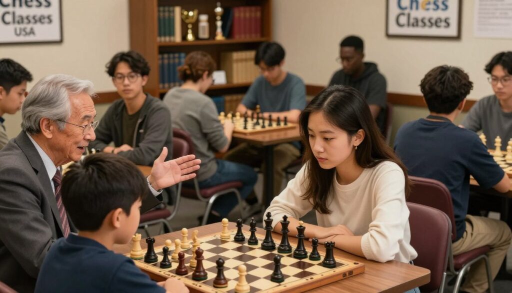 A cozy chess club environment in Indianapolis, showcasing a diverse group of new players huddled around a chessboard. In the foreground, a young woman in modest casual clothing studies a chess position intently, with a focused expression. To her left, an older gentleman in professional attire gestures enthusiastically, teaching strategy to a boy seated across from him, who looks eager to learn. In the middle ground, a group of players discussing strategies and reviewing their games displays camaraderie. The background features shelves filled with chess books and trophies, symbolizing improvement and success. Soft, warm lighting creates an inviting atmosphere, with a slight focus blur to emphasize the foreground action. This scene embodies "Chess Classes USA", depicting the encouragement and growth associated with overcoming challenges in chess.