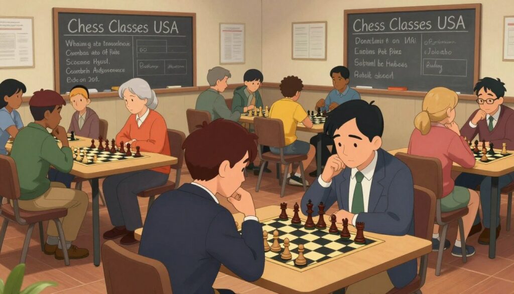 A cozy chess club scene in Pennsylvania, showcasing a diverse group of players engaged in thoughtful matches. In the foreground, a professional man and woman in business attire are deep in concentration over a chessboard, surrounded by elegant wooden chess pieces. In the middle ground, several small tables filled with players of various ages – from children to seniors, all dressed in modest casual clothing – are engrossed in lively discussions and intense games. The background features a chalkboard displaying "Chess Classes USA" with details about upcoming events, illuminated by soft, warm lighting that creates an inviting atmosphere. The scene has a dynamic, yet relaxed mood, capturing the spirit of community and intellect within Pennsylvania's chess clubs. The angle is slightly elevated, giving a panoramic view of the bustling activity within the club.