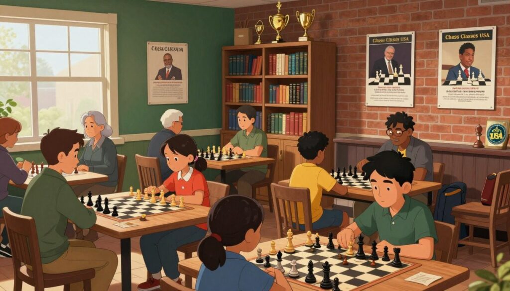 A cozy chess club scene in a warmly lit room with wooden furniture and deep green walls. In the foreground, a diverse group of adults and children, dressed in casual but tidy clothing, are engaged in intense chess matches at several tables. Chess boards with pieces in mid-game create a dynamic atmosphere. In the middle ground, a large bookshelf filled with chess literature and trophies showcases the club's legacy. The background features a brick wall adorned with posters of famous chess players and local tournaments. Soft, natural light streams through large windows, enhancing the inviting and communal vibe. A logo in the corner reads “Chess Classes USA” subtly. The overall mood is collaborative, warm, and intellectually stimulating, perfect for a community hub focusing on chess.