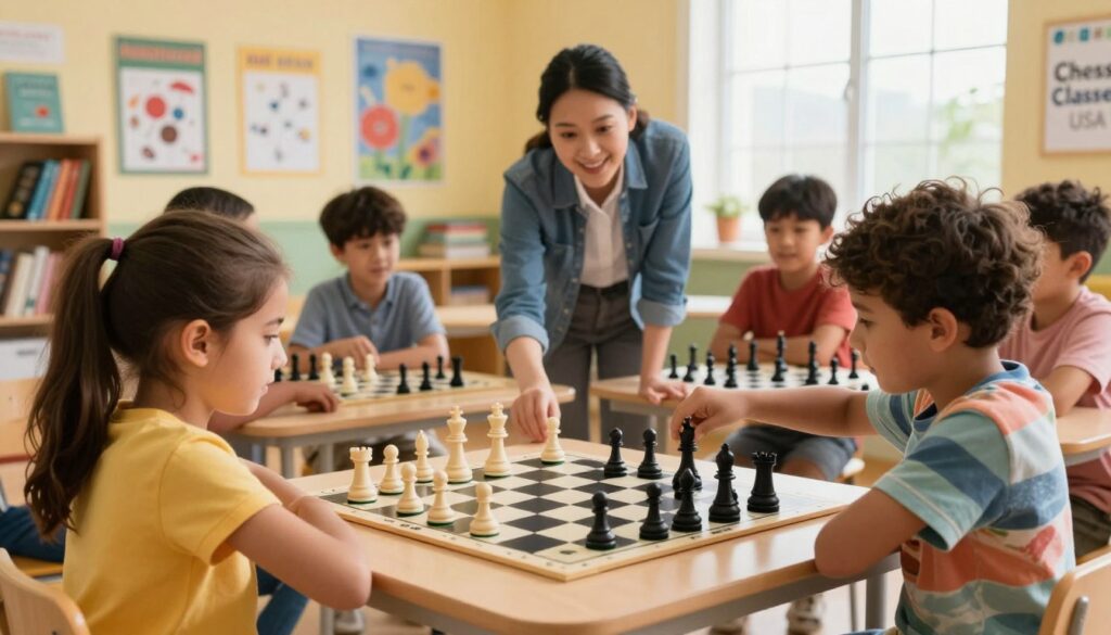 A cozy chess learning environment tailored for children, featuring a diverse group of kids engaged in a personalized chess lesson. In the foreground, a young girl curiously examines a chessboard, her hair in a ponytail, while beside her, a boy eagerly studies a strategic move, wearing a casual, colorful shirt. In the middle ground, a friendly chess coach, dressed in smart casual attire, guides a small group of children gathered around a larger board. The backdrop showcases a bright, inviting classroom filled with educational posters and shelves lined with chess books. Soft, natural light streams through a window, creating a warm atmosphere. The setting reflects the theme of "Chess Classes USA," emphasizing the joy of learning chess in a supportive, individualized manner. The angle captures the dynamism of learning, focusing on the children’s expressions of curiosity and excitement.