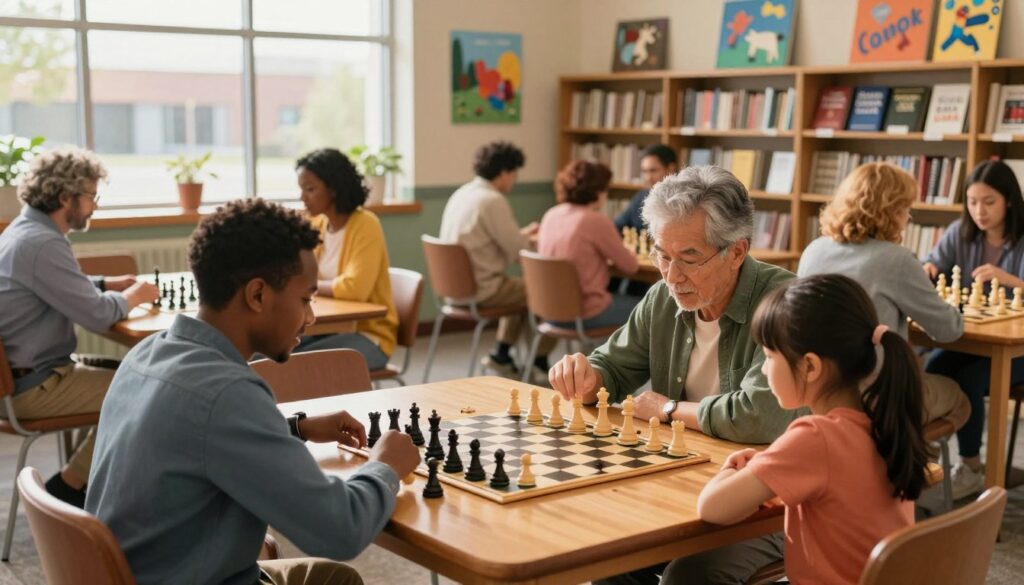 A cozy community center library scene featuring a diverse group of individuals of various ages playing chess at a wooden table. In the foreground, two players, a middle-aged Black man and a young Asian girl, are deeply focused on their game, with chess pieces mid-move. Bright, warm natural light streams through large windows, illuminating the scene. In the middle ground, other patrons engage in friendly discussions about strategies and books on chess, surrounded by shelves filled with chess-related materials from "Chess Classes USA". The background showcases vibrant community art on the walls, accentuating a welcoming atmosphere. Capture the essence of camaraderie, intellectual challenge, and community involvement in this lively setting. Use a soft-focus lens effect to create a warm, inviting mood.