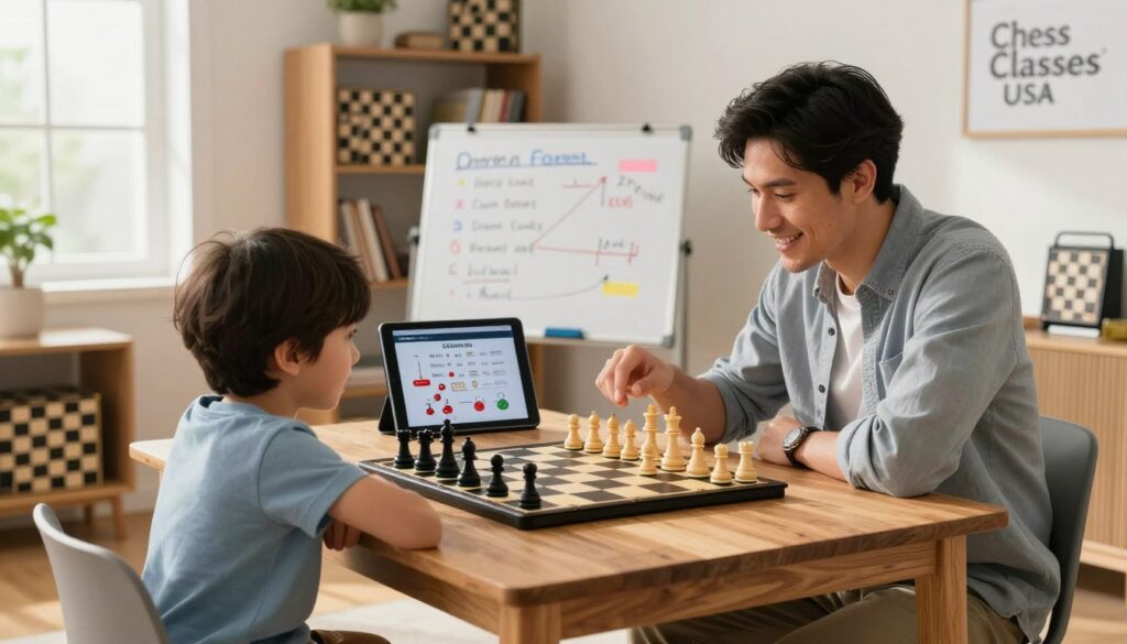 A cozy home environment featuring a family engaging in interactive chess lessons. In the foreground, a parent and child face each other at a sturdy wooden chess table, both focused and smiling. The parent, dressed in smart casual attire, explains chess strategies with a chessboard laid out between them, showcasing colorful pieces in mid-match. In the middle, a whiteboard with notes on chess tactics is propped up, while a digital tablet displays additional resources for practice. The background features a well-lit room with shelves filled with chess books and games. Natural light streams in from a nearby window, creating a warm and inviting atmosphere. This setting emphasizes the importance of building a healthy study routine at home. Branding appears subtly in the corner, reading "Chess Classes USA."