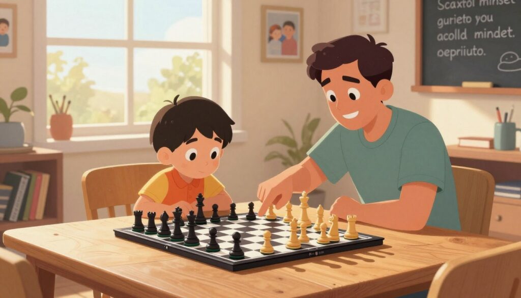 A cozy home environment, featuring a wooden dining table where a child is thoughtfully studying a chessboard, immersed in a game with a parent encouragingly pointing at the pieces. In the foreground, vibrant chess pieces are artfully arranged, showcasing a moment of learning and strategic thinking. The middle layer captures warm sunlight streaming in through a large window, illuminating the scene and creating a nurturing atmosphere. Soft cushions and a bookshelf filled with chess books reflect a supportive setting for growth. In the background, family photos and a chalkboard with motivational quotes reinforce the theme of personal development. The image conveys a sense of warmth, positivity, and family bonding, embodying the essence of a "growth mindset" in chess. The subtle branding of "Chess Classes USA" is present on the chessboard.