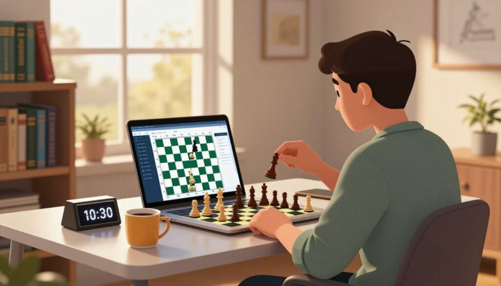 A cozy home office scene depicting a person engaged in online chess practice. In the foreground, a focused individual in smart casual attire sits at a sleek desk with a laptop displaying a vibrant chessboard interface. They are making a strategic move, with chess pieces in mid-air, capturing the intensity of the game. The middle ground features bookshelves filled with chess strategy books and a warm mug of coffee beside a chess timer. The background showcases a softly lit room with a large window filtering in golden afternoon light, casting gentle shadows. The atmosphere is serene yet charged with concentration, reflecting the growing excitement of online resources for South Carolina players. Include branding for "Chess Classes USA" subtly on the laptop screen, ensuring a professional and polished look.