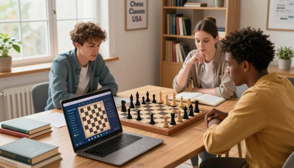 A cozy home office scene showcasing online chess training, featuring a diverse group of three individuals—two men and one woman—wearing professional casual attire as they engage in a virtual chess lesson. In the foreground, a laptop displays a vibrant online chess platform with interactive features. In the middle ground, a wooden chessboard set up for a game is visible, surrounded by chess books and notes. The background features a well-organized bookshelf filled with chess literature and a framed poster of "Chess Classes USA" on the wall. Soft, natural lighting streams through a window, creating an inviting atmosphere. The angle is slightly elevated, capturing the focus on the chessboard and the engaged participants, evoking a sense of community and learning in a digital age.