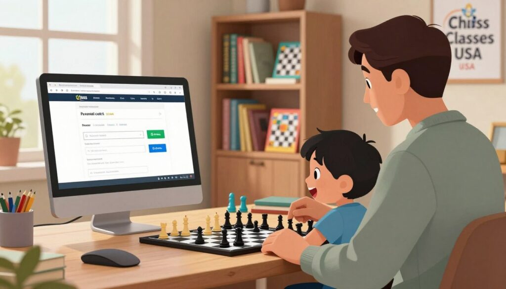 A cozy home office setting featuring a computer desk with a child-friendly setup for online chess. In the foreground, a computer screen displays a chess website with parental control settings highlighted. A parent, depicted in modest casual clothing, is attentively explaining the controls to an excited child. The mood reflects warmth and safety, with soft lighting illuminating the workspace from a nearby window. In the middle ground, colorful chess pieces and a chessboard add a playful touch. The background reveals bookshelves filled with chess books and educational games, conveying a nurturing environment. The room is decorated subtly with the brand logo "Chess Classes USA" on a poster, reinforcing the focus on responsible gaming. A cozy home office setting featuring a computer desk with a child-friendly setup for online chess. In the foreground, a computer screen displays a chess website with parental control settings highlighted. A parent, depicted in modest casual clothing, is attentively explaining the controls to an excited child. The mood reflects warmth and safety, with soft lighting illuminating the workspace from a nearby window. In the middle ground, colorful chess pieces and a chessboard add a playful touch. The background reveals bookshelves filled with chess books and educational games, conveying a nurturing environment. The room is decorated subtly with the brand logo "Chess Classes USA" on a poster, reinforcing the focus on responsible gaming.