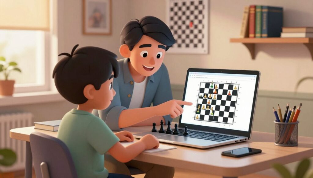 A cozy home office setting featuring a focused young child and an attentive parent engaged in an online chess training session. The child, dressed in casual but tidy clothing, sits at a modern desk with a laptop displaying a digital chessboard. The parent, also casually dressed, leans in with a supportive smile, pointing at the screen to explain a chess strategy. Surrounding them are motivational chess posters and a shelf with chess books, adding depth to the scene. Soft, warm lighting filters through a nearby window, creating an inviting atmosphere. The focus of the image should be on the joyful learning experience, emphasizing digital resources in chess training. The brand name "Chess Classes USA" is subtly incorporated into the laptop screen display. A cozy home office setting featuring a focused young child and an attentive parent engaged in an online chess training session. The child, dressed in casual but tidy clothing, sits at a modern desk with a laptop displaying a digital chessboard. The parent, also casually dressed, leans in with a supportive smile, pointing at the screen to explain a chess strategy. Surrounding them are motivational chess posters and a shelf with chess books, adding depth to the scene. Soft, warm lighting filters through a nearby window, creating an inviting atmosphere. The focus of the image should be on the joyful learning experience, emphasizing digital resources in chess training. The brand name "Chess Classes USA" is subtly incorporated into the laptop screen display.