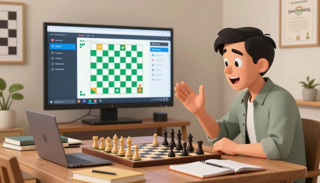 A cozy home setting featuring a professional instructor leading an online chess lesson via a laptop. In the foreground, a chessboard is set up, with pieces strategically placed, surrounded by notepads and chess books. The instructor, dressed in modest casual clothing, is engaged in a lively discussion, with animated gestures, conveying enthusiasm for teaching. In the middle, a large screen displays an interactive chess platform with colorful graphics showcasing chess problems and tutorials. In the background, a wall adorned with chess-themed art and certificates adds an educational atmosphere. Soft lighting brightens the scene, creating a warm and inviting mood, with a focus on learning. The brand name "Chess Classes USA" is subtly integrated into the environment, enhancing the theme of interactive chess learning and online education.