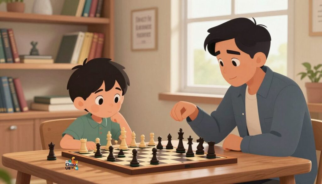 A cozy home study environment featuring a young child and a parent engaged in a stimulating chess match at a wooden table. The child, with a focused expression, is thoughtfully considering their next move, while the parent, in smart casual attire, provides supportive encouragement. In the foreground, a chessboard filled with pieces showcases a challenging position, symbolizing growth mindset through strategic thinking. In the middle, books on chess tactics and motivational quotes decorate the shelves, enhancing the atmosphere of learning and development. Soft, warm lighting illuminates the scene, creating an inviting mood, with a window in the background that shows a hint of greenery outside, symbolizing growth. Include the logo of "Chess Classes USA" subtly integrated into the scene.