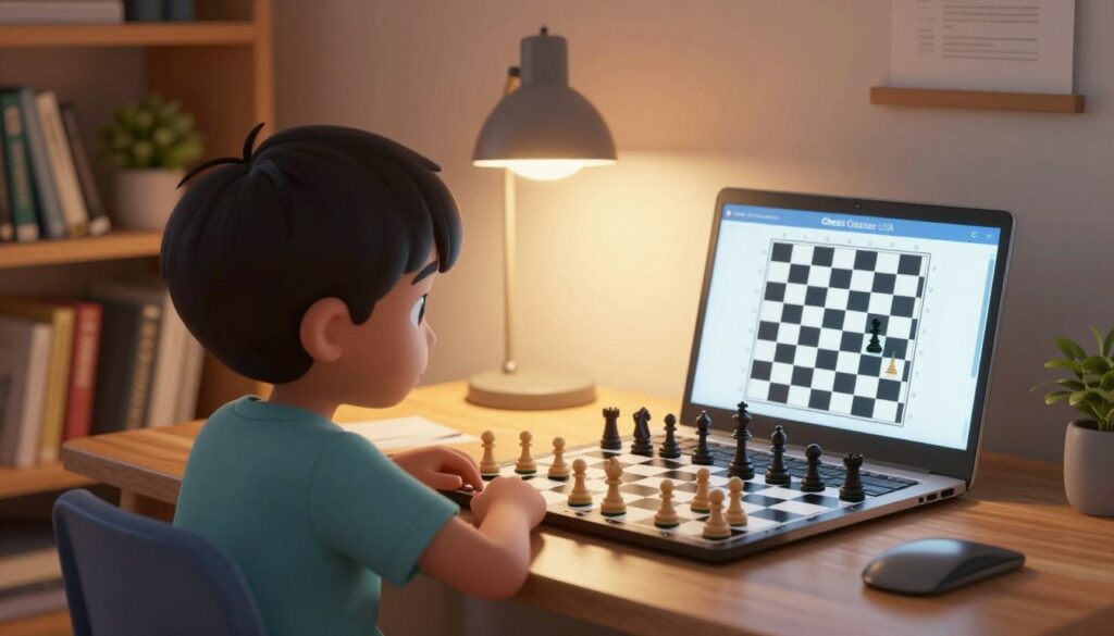 A cozy home study environment showcasing a young child learning chess online. In the foreground, a focused child in casual clothing, sitting at a wooden desk, looking at a laptop screen displaying a digital chessboard. Beside the child, a chessboard with pieces arranged mid-game reflects engagement. In the middle, a warm glow from a desk lamp casts soft shadows, enhancing the inviting atmosphere. The background features bookshelves filled with chess books and a small plant, promoting a sense of learning and tranquility. Subtly include the brand name "Chess Classes USA" on the laptop screen as an integral part of the scene. The overall mood emphasizes focus, learning, and the balance of technology with traditional chess play, created with soft lighting and a slight depth of field effect to draw attention to the child.
