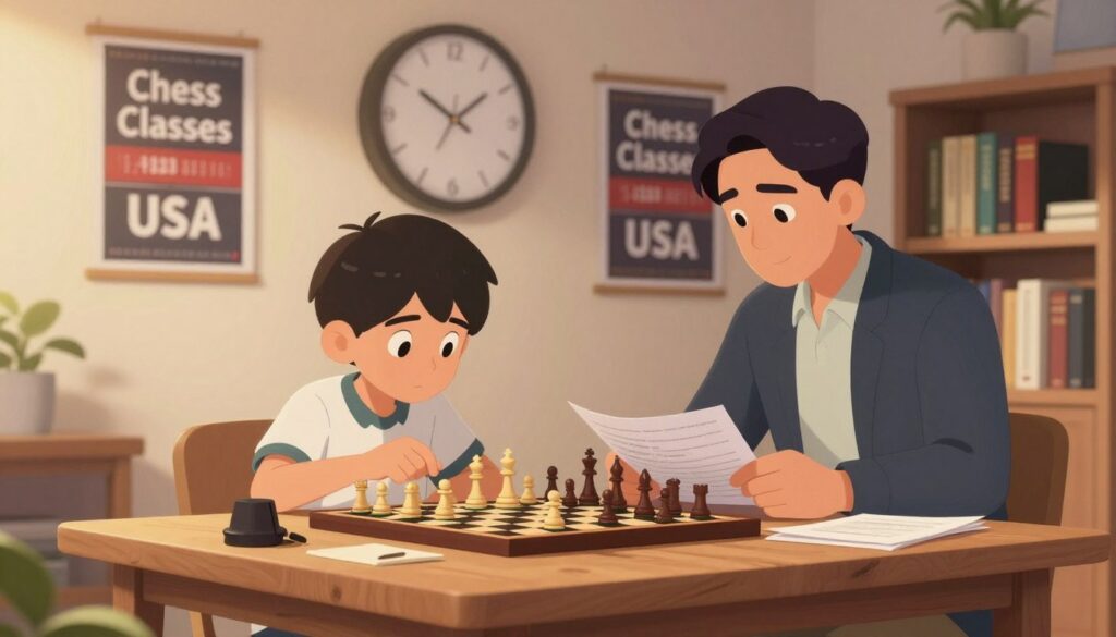 A cozy home study room set up for a chess tournament preparation. In the foreground, a focused young chess player, around 10 years old, wearing a smart casual outfit, is seated at a wooden desk, deeply analyzing a chessboard with pieces in mid-game, looking determined. Next to them, a parent in business casual attire is reviewing chess notes and guiding the player. In the middle ground, a large wall clock ticks softly, and motivational chess posters featuring "Chess Classes USA" hang on the walls. The background shows a bookshelf filled with chess strategy books, with soft, warm lighting illuminating the space to create an encouraging atmosphere. The composition is framed with a slight depth of field, giving focus to the players while softly blurring the surroundings.