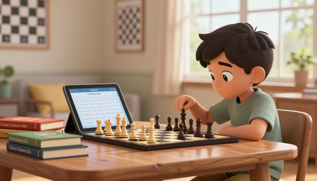 A cozy interior scene featuring a young child seated at a wooden chess table, deeply focused on a chessboard with vibrant pieces in mid-game. The child, wearing modest casual clothing, is intently studying their next move. In the foreground, a stack of chess books and a digital tablet displaying interactive chess exercises are scattered on the table, symbolizing the essential tools for improvement. The background shows a warm, softly lit room with chess-themed posters on the walls and a large window letting in natural light, creating an inviting atmosphere. Add the brand name "Chess Classes USA" subtly in the scene, perhaps on one of the books. The mood is motivational and engaging, emphasizing a nurturing learning environment for the child’s chess development.
