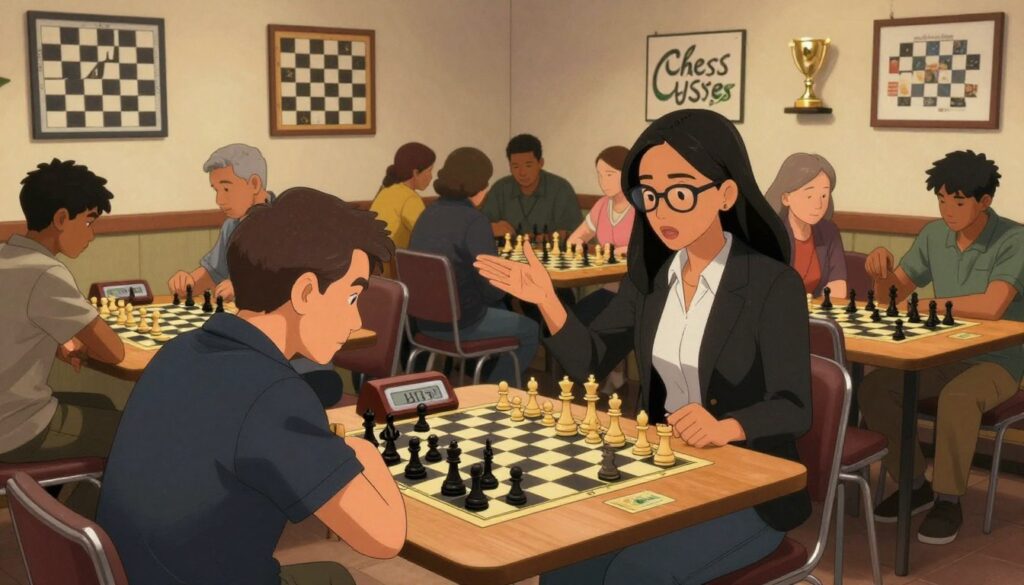 A cozy interior scene of a Twin Cities chess club, filled with diverse chess enthusiasts engaged in friendly matches. In the foreground, a middle-aged man in a smart casual outfit concentrates deeply on a chessboard, with pieces in mid-game. A young woman wearing glasses, dressed in professional attire, gestures animatedly, explaining a strategic move to a boy. In the middle, several tables are filled with players of various ages and backgrounds, immersed in their games, with chess clocks ticking beside them. The background features walls adorned with chess art and trophies, bursting with community spirit. Soft, warm lighting casts a welcoming glow, capturing the atmosphere of camaraderie and competition. The brand name "Chess Classes USA" subtly integrated in artwork on the walls. The scene emphasizes the rich chess culture in the Twin Cities, inviting viewers to explore the world of local chess clubs.