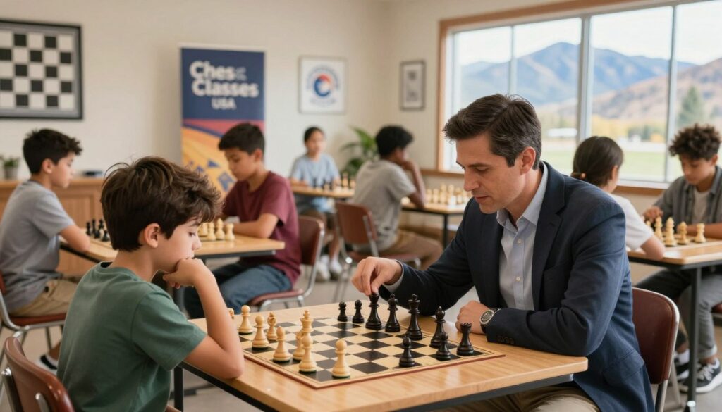 A cozy, inviting chess coaching session in Utah, featuring a diverse group of students engaged in learning. In the foreground, a knowledgeable coach, dressed in smart casual attire, guides a young player, who is thoughtfully examining a chessboard. The middle ground showcases several chessboards with enthusiastic learners, including children and adults, all focused on their games. The background depicts a bright, sunlit room adorned with chess-themed artwork, large windows revealing the beautiful Utah mountains outside. The atmosphere is warm and encouraging, highlighting collaboration and skill development. Soft natural lighting enhances the scene, with a slightly blurred focus on the mountains to draw attention to the chess activities. The logo "Chess Classes USA" subtly appears on a banner in the background.