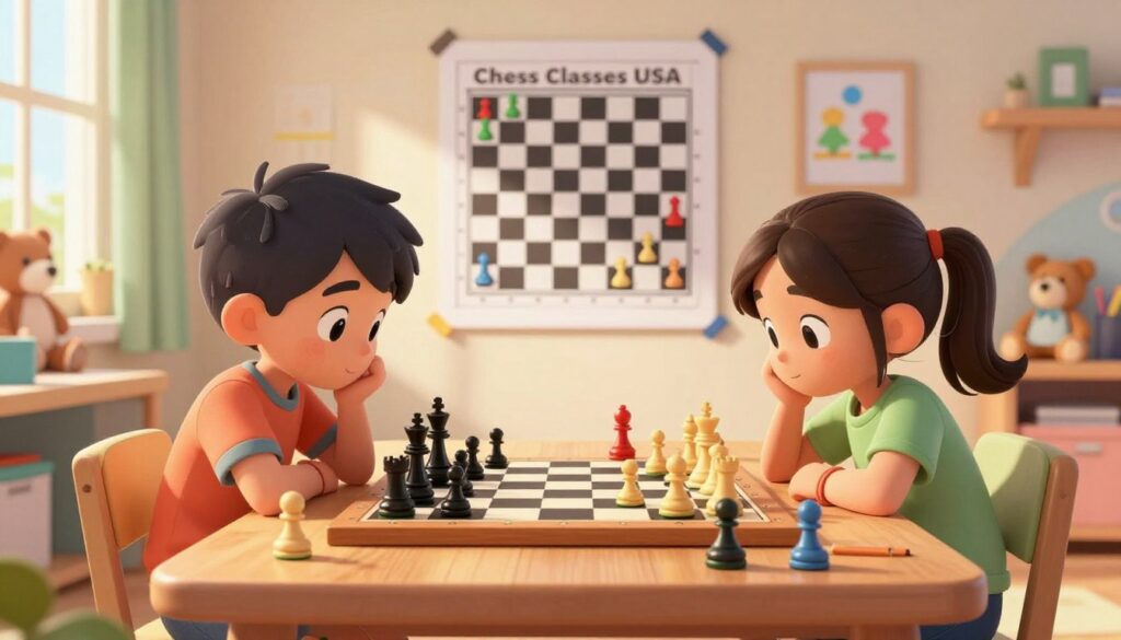 A cozy, inviting children's room filled with color and creativity, featuring a large wooden chessboard on a table in the foreground. Two kids, a boy and a girl, deeply focused on the chessboard, analyzing their past game moves with thoughtful expressions. In the middle, there is a large poster of various chess strategies pinned to the wall, along with colorful chess pieces scattered around the table. Sunlight streams in through a window, providing a warm glow that enhances the atmosphere of learning and excitement. Soft, playful decorations like stuffed animals and art supplies are visible in the background, creating a supportive environment for young learners. The overall mood is inspiring and engaging, perfect for capturing the essence of analyzing chess games. Emphasize "Chess Classes USA" subtly as part of the learning environment.