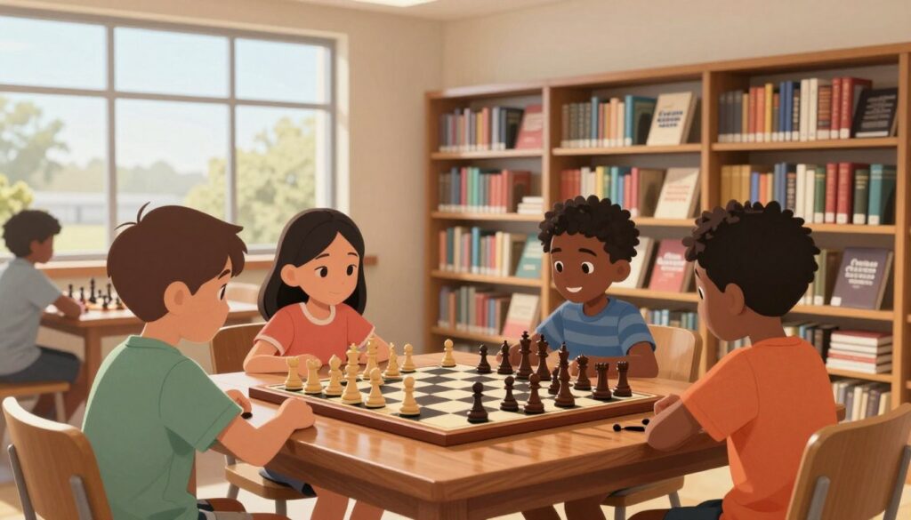 A cozy, inviting indoor scene set in a modern Virginia library, showcasing a polished wooden chess table in the foreground with a classic chess set in play. On one side, a diverse group of four children, depicted in modest casual clothing, focused intently on their game, with pieces delicately arranged. In the middle ground, shelves filled with various chess books and resources, emphasizing the educational aspect of chess. The background features large windows with warm, natural light streaming in, creating a bright, inspiring atmosphere. A subtle hint of the logo "Chess Classes USA" discreetly placed on the bookshelf, suggesting the presence of online resources for Virginia chess players. The image conveys a sense of community, learning, and passion for chess.