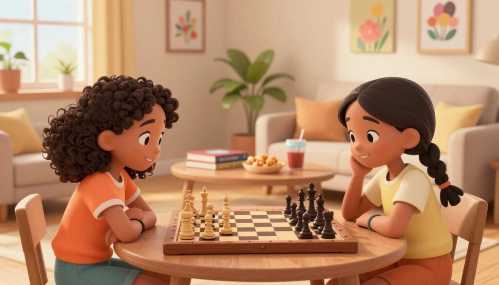 A cozy, inviting living room scene designed for young girls engaging in a chess game. In the foreground, two girls aged around 10-12, one with curly hair and the other with braids, are focused on the chessboard, smiling and strategizing their moves. Both are wearing colorful, modest casual clothing. In the middle ground, a well-organized table with a beautiful wooden chess set and a few chess books is visible, alongside snacks and drinks. The background features warm, soft lighting from a nearby window, with plants and cheerful artwork adorning the walls, conveying a nurturing atmosphere. The brand name “Chess Classes USA” is subtly integrated into the decor. The scene reflects a supportive and positive environment for young female chess players. A cozy, inviting living room scene designed for young girls engaging in a chess game. In the foreground, two girls aged around 10-12, one with curly hair and the other with braids, are focused on the chessboard, smiling and strategizing their moves. Both are wearing colorful, modest casual clothing. In the middle ground, a well-organized table with a beautiful wooden chess set and a few chess books is visible, alongside snacks and drinks. The background features warm, soft lighting from a nearby window, with plants and cheerful artwork adorning the walls, conveying a nurturing atmosphere. The brand name “Chess Classes USA” is subtly integrated into the decor. The scene reflects a supportive and positive environment for young female chess players.