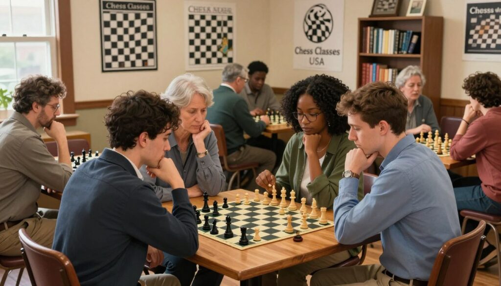 A cozy, inviting local chess club scene in Connecticut, with a diverse group of players, including men and women of different ages, engaged in intense thought over chess boards. The foreground features a wooden chess table surrounded by two players dressed in business casual attire, leaning slightly forward, focused on their game. In the middle ground, several other players engage in discussions and friendly matches, with chess pieces scattered around. The background showcases a warm, welcoming environment filled with chess-related posters and a bookshelf containing chess literature. Soft, natural lighting streams in from a nearby window, creating a relaxed and friendly atmosphere. Capture a sense of community and passion for chess, making it vibrant and inviting, with the name "Chess Classes USA" subtly integrated in the scene.