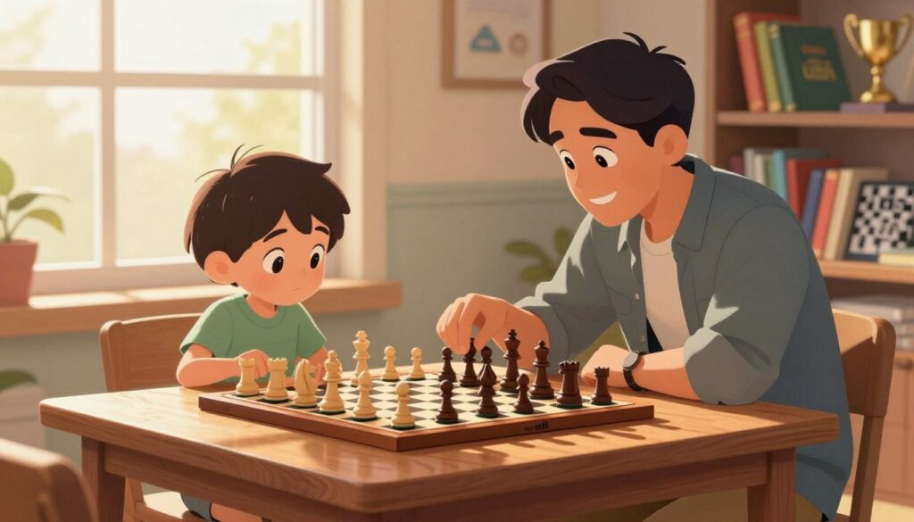A cozy, inviting room filled with warm sunlight filtering through a large window, creating soft shadows on a polished wooden chess table. In the foreground, a young child, around six years old, is focused, intently studying a chessboard, seated across from a parent who is gently guiding them. The parent, dressed in casual smart attire, leans forward with a warm smile, creating a nurturing atmosphere. In the middle ground, a few chess pieces are scattered as if a game is in progress, showcasing the excitement and challenge of learning. The background reveals a bookshelf filled with colorful chess books and trophies, hinting at success in the game. The scene embodies curiosity and engagement, symbolizing the ideal age to start chess. A logo for "Chess Classes USA" subtly integrated into the background. Soft lighting enhances the cozy feel of the environment.