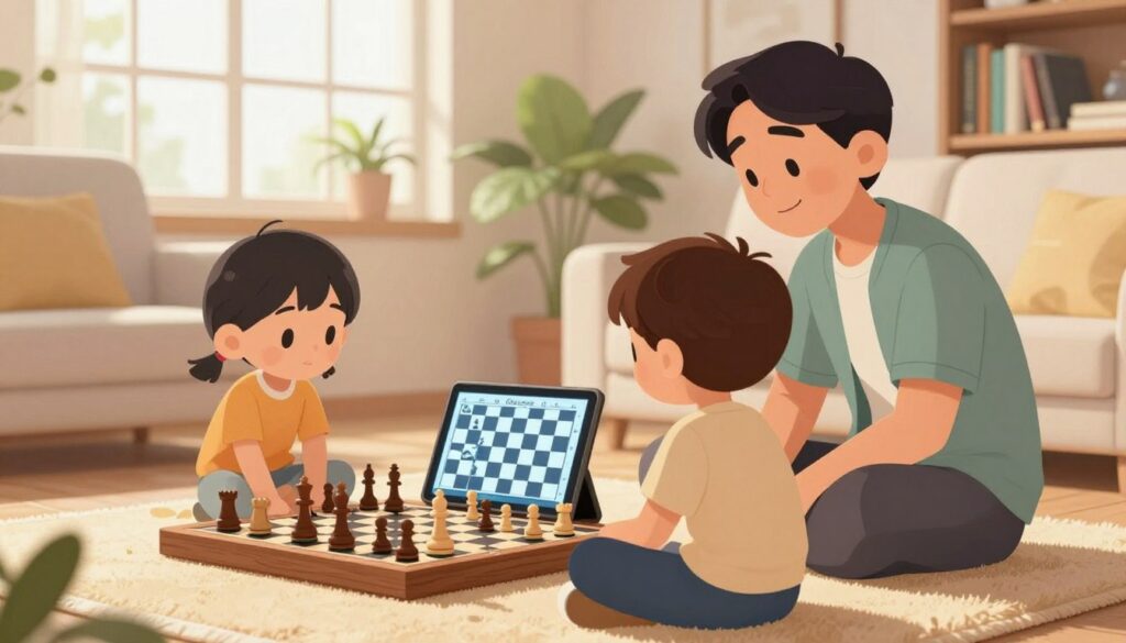 A cozy living room scene illustrating "screen time management" for kids engaging in online chess. In the foreground, a young child, dressed in modest casual clothing, sits cross-legged on a soft rug, focused on a tablet displaying a chess game. Beside the child, a friendly, attentive parent observes, casually dressed, encouraging mindfulness in screen use. In the middle ground, a wooden chessboard with traditional pieces is set up, symbolizing physical practice. The background features a brightly lit window with soft natural light filtering in, potted plants, and a bookshelf filled with chess books. The mood is warm and inviting, highlighting the balance between digital learning and tactile chess experiences, with the logo "Chess Classes USA" subtly present on the tablet. A cozy living room scene illustrating "screen time management" for kids engaging in online chess. In the foreground, a young child, dressed in modest casual clothing, sits cross-legged on a soft rug, focused on a tablet displaying a chess game. Beside the child, a friendly, attentive parent observes, casually dressed, encouraging mindfulness in screen use. In the middle ground, a wooden chessboard with traditional pieces is set up, symbolizing physical practice. The background features a brightly lit window with soft natural light filtering in, potted plants, and a bookshelf filled with chess books. The mood is warm and inviting, highlighting the balance between digital learning and tactile chess experiences, with the logo "Chess Classes USA" subtly present on the tablet.