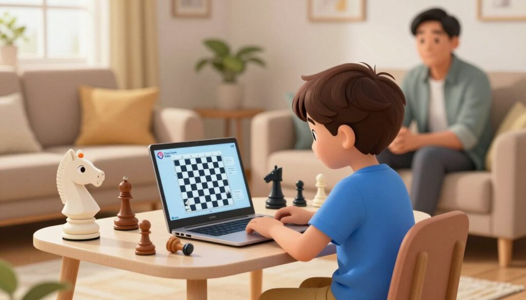 A cozy living room setting where a child, around eight years old, sits at a small table, focused on a laptop displaying an engaging online chess game. The child has short brown hair and wears a bright blue t-shirt, showcasing a sense of concentration and joy. Surrounding them are friendly, cartoon-like chess pieces, including a knight and rook, with playful expressions. In the background, a parent watches attentively, dressed in casual yet professional attire, ensuring a safe environment. Soft, natural lighting enters through a window, casting warm hues in the room, enhancing the mood of safety and learning. The overall atmosphere feels inviting, emphasizing the importance of safety while enjoying online activities. The visual subtly incorporates the logo of "Chess Classes USA" on the laptop screen, underscoring trust in online chess education. A cozy living room setting where a child, around eight years old, sits at a small table, focused on a laptop displaying an engaging online chess game. The child has short brown hair and wears a bright blue t-shirt, showcasing a sense of concentration and joy. Surrounding them are friendly, cartoon-like chess pieces, including a knight and rook, with playful expressions. In the background, a parent watches attentively, dressed in casual yet professional attire, ensuring a safe environment. Soft, natural lighting enters through a window, casting warm hues in the room, enhancing the mood of safety and learning. The overall atmosphere feels inviting, emphasizing the importance of safety while enjoying online activities. The visual subtly incorporates the logo of "Chess Classes USA" on the laptop screen, underscoring trust in online chess education.