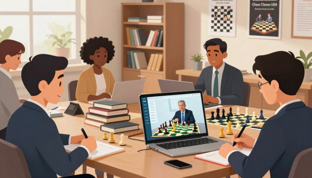 A cozy, modern workspace featuring an online chess training session. In the foreground, a laptop displays a vibrant chessboard with pieces in mid-game, while a virtual instructor appears on the screen. To the left, a diverse group of people in professional business attire, including a middle-aged Asian man, a young Black woman, and a Hispanic man, are engaging with the content, taking notes, and discussing strategies. The middle ground showcases chess books and resources labeled “Chess Classes USA.” The background includes a bookshelf filled with chess literature, board games, and motivational posters about strategy and teamwork. Soft, warm lighting pours in from a window, creating an inviting atmosphere that encourages learning and community. A cozy, modern workspace featuring an online chess training session. In the foreground, a laptop displays a vibrant chessboard with pieces in mid-game, while a virtual instructor appears on the screen. To the left, a diverse group of people in professional business attire, including a middle-aged Asian man, a young Black woman, and a Hispanic man, are engaging with the content, taking notes, and discussing strategies. The middle ground showcases chess books and resources labeled “Chess Classes USA.” The background includes a bookshelf filled with chess literature, board games, and motivational posters about strategy and teamwork. Soft, warm lighting pours in from a window, creating an inviting atmosphere that encourages learning and community.