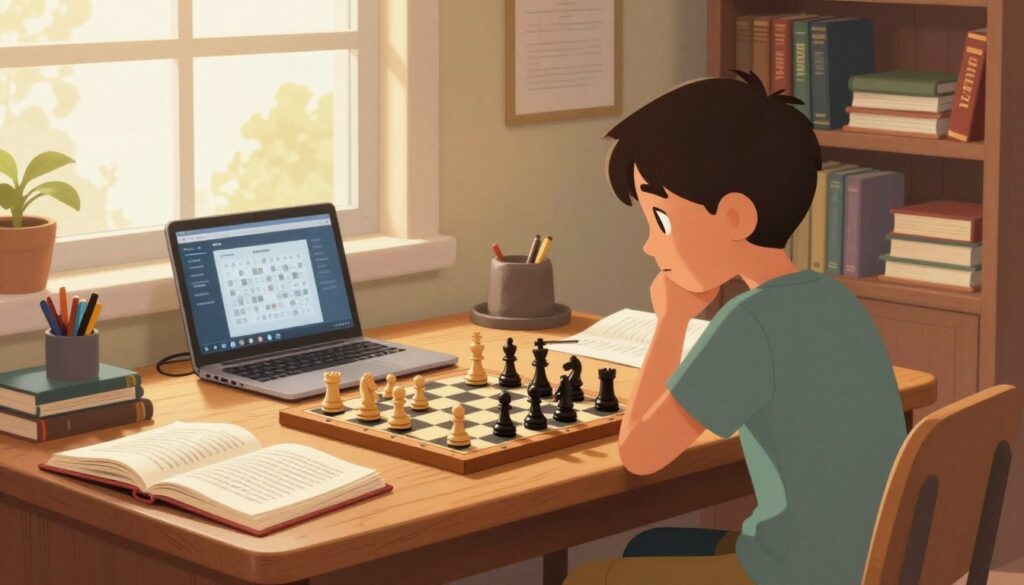 A cozy study room with a large wooden desk in the foreground, showcasing a student in modest, casual clothing focused on a chessboard while balancing open textbooks on one side. The young scholar is deep in thought, with a laptop displaying an online chess tournament alongside scattered notes. In the middle, a soft light streams through a window, illuminating various chess pieces on the desk and creating a warm atmosphere. The background features a bookshelf filled with chess strategy books and academic materials, enhancing the theme of balancing academic life and competitive chess. The scene should evoke a sense of dedication and focus, capturing the essence of "Chess Classes USA" as a symbol of growth and learning in both chess and education. A cozy study room with a large wooden desk in the foreground, showcasing a student in modest, casual clothing focused on a chessboard while balancing open textbooks on one side. The young scholar is deep in thought, with a laptop displaying an online chess tournament alongside scattered notes. In the middle, a soft light streams through a window, illuminating various chess pieces on the desk and creating a warm atmosphere. The background features a bookshelf filled with chess strategy books and academic materials, enhancing the theme of balancing academic life and competitive chess. The scene should evoke a sense of dedication and focus, capturing the essence of "Chess Classes USA" as a symbol of growth and learning in both chess and education.