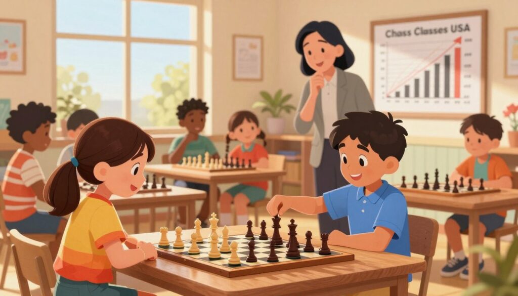 A cozy, sunlit room filled with children of diverse backgrounds engaged in a chess lesson. In the foreground, a young girl intently studies a chessboard with pieces arranged in a game simulation, wearing a bright, colorful shirt. Beside her, a smiling boy in a smart-casual outfit demonstrates a strategy. In the middle ground, a thoughtful instructor, dressed in professional attire, discusses strategies with the kids. The background features a large window with warm sunlight streaming in, illuminating charts depicting chess ratings and growth patterns. The overall atmosphere is encouraging and educational, reflecting growth and development in chess skills. A subtle branding element of "Chess Classes USA" is incorporated into the room decor, blending seamlessly with the environment. A cozy, sunlit room filled with children of diverse backgrounds engaged in a chess lesson. In the foreground, a young girl intently studies a chessboard with pieces arranged in a game simulation, wearing a bright, colorful shirt. Beside her, a smiling boy in a smart-casual outfit demonstrates a strategy. In the middle ground, a thoughtful instructor, dressed in professional attire, discusses strategies with the kids. The background features a large window with warm sunlight streaming in, illuminating charts depicting chess ratings and growth patterns. The overall atmosphere is encouraging and educational, reflecting growth and development in chess skills. A subtle branding element of "Chess Classes USA" is incorporated into the room decor, blending seamlessly with the environment.