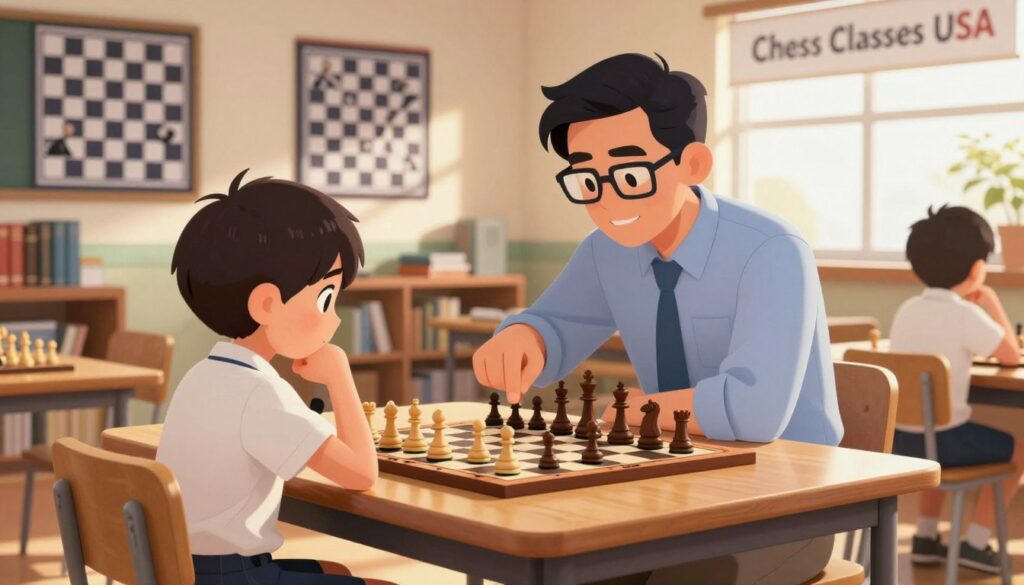 A cozy, well-lit chess classroom adorned with motivational chess posters featuring strategic movements and famous games. In the foreground, a focused child, around 10 years old, sitting at a wooden chess table, thoughtfully analyzing a chessboard filled with various pieces in mid-game. The child is dressed in a smart, modest outfit, embodying concentration and determination. In the middle ground, a professional chess coach, wearing a collared shirt and glasses, offers guidance, pointing at the board to illustrate a key strategy. Soft sunlight filters through a nearby window, creating a warm and inviting atmosphere. In the background, shelves are filled with chess books, and a banner reading "Chess Classes USA" subtly enhances the educational theme. The overall mood is one of engagement, growth, and the joy of learning. A cozy, well-lit chess classroom adorned with motivational chess posters featuring strategic movements and famous games. In the foreground, a focused child, around 10 years old, sitting at a wooden chess table, thoughtfully analyzing a chessboard filled with various pieces in mid-game. The child is dressed in a smart, modest outfit, embodying concentration and determination. In the middle ground, a professional chess coach, wearing a collared shirt and glasses, offers guidance, pointing at the board to illustrate a key strategy. Soft sunlight filters through a nearby window, creating a warm and inviting atmosphere. In the background, shelves are filled with chess books, and a banner reading "Chess Classes USA" subtly enhances the educational theme. The overall mood is one of engagement, growth, and the joy of learning.