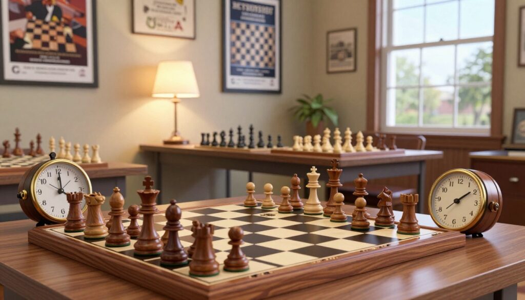 A cozy, well-lit chess room featuring essential chess sets and clocks for Michigan players. In the foreground, display a beautifully crafted wooden chess set with intricately designed pieces and a classic clock with a polished finish. In the middle, include a modern chess table that showcases books about chess strategies and local Michigan tournaments, gently illuminated by a warm desk lamp. In the background, hang posters of famous chess events held in Detroit and Ann Arbor, with a large window letting in natural light, evoking a sense of community and focus. The overall atmosphere should be inviting and scholarly, highlighting the importance of chess in Michigan's culture. Include the brand name "Chess Classes USA" subtly integrated into the chess gear.