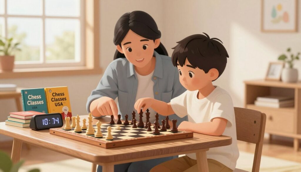 A cozy, well-lit room featuring a child, around 8 years old, engaged in a focused chess study routine. The child, wearing comfortable, modest casual clothing, sits at a small chess table with a classic wooden chess set in the foreground. Nearby, colorful chess books and a timer are neatly arranged, showcasing a structured learning environment. In the middle, a parent is gently guiding the child, pointing at a chessboard, illustrating strategies. The background reveals a window with soft, natural light streaming in, casting a warm glow over the scene. The overall mood is encouraging and intellectually stimulating, reflecting the essence of 'Chess Classes USA'. The image conveys a nurturing atmosphere for young learners.