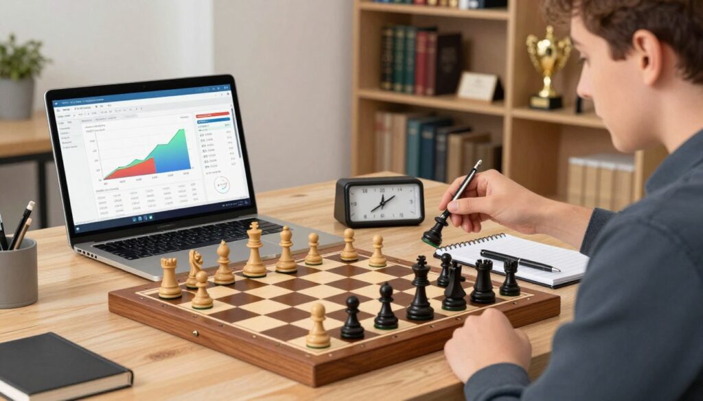 A detailed analysis of a chess game is set in a well-lit, modern workspace. In the foreground, a wooden chessboard with pieces arranged mid-game, showcasing strategic positions. A chess clock sits nearby, capturing the competitive essence. In the middle ground, a laptop displays an analytical chess program, with graphs and statistics illustrating tournament performance. A notepad and pen are also present, indicating preparation for the analysis. In the background, bookshelves filled with chess literature and trophies give an academic feel. The lighting is bright yet soft, creating an atmosphere of focus and determination. The image subtly emphasizes the brand "Chess Classes USA," integrating a sense of professionalism and dedication to the game.