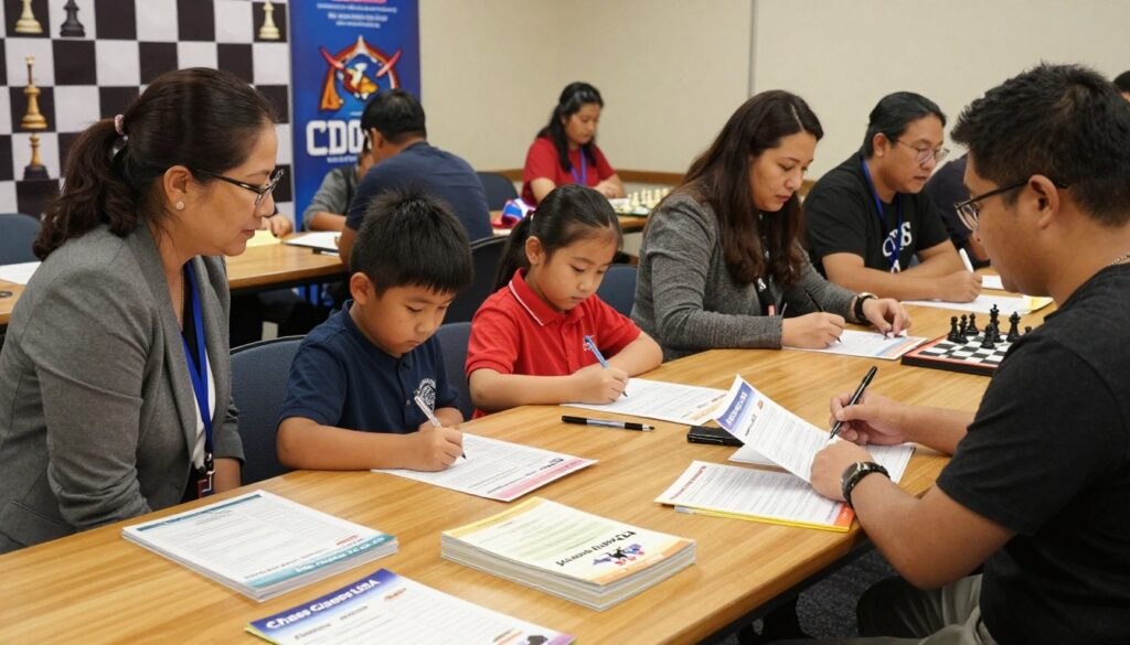 A detailed and vibrant scene of a chess tournament registration desk. In the foreground, a polished wooden table displays neatly organized stacks of colorful registration forms, pens, and informational brochures featuring the brand name "Chess Classes USA." In the middle ground, a diverse group of parents and children are engaged in discussions, with focused expressions as they fill out forms, dressed in casual yet tidy clothing. The background shows a large banner with chess-related imagery, adding to the tournament atmosphere. Soft, warm lighting highlights the scene, creating an inviting and organized feel. The entire composition encapsulates a sense of excitement and anticipation, perfect for highlighting the administrative aspect of a kids’ chess tournament.