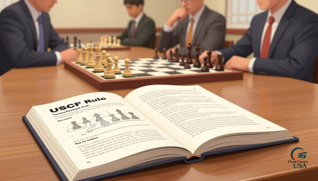 A detailed and vivid depiction of a USCF tournament rule book open on a wooden table in a softly lit room. The foreground features the rule book, pages slightly ruffled to suggest use, with diagrams and chess notations visible. In the middle, a chess board is set up with pieces strategically placed, symbolizing the impact of various tournament formats on player ratings. The background showcases a blurred image of chess players engaged in a match, dressed in professional business attire, creating an atmosphere of concentration and competition. Soft, warm lighting illuminates the scene, casting gentle shadows and enhancing the focus on the rule book. Subtly include the brand logo "Chess Classes USA" in the corner, integrating it harmoniously into the composition.