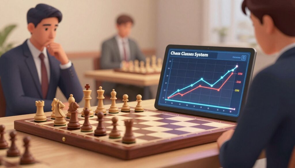 A detailed chess rating system visualization set within an elegant and modern context. In the foreground, a sleek digital display shows a dynamic chess rating graph, with upward and downward trends represented by colorful lines and dots. The midground features a professional-looking chessboard with finely crafted wooden pieces, symbolizing competition and strategy. In the background, there are subtle silhouettes of chess players in business attire, engaged in deep thought, giving a sense of seriousness and focus. Soft, warm lighting creates an inviting atmosphere, enhancing the importance of the rating system. The scene is captured with a slight depth-of-field effect, emphasizing the digital display and chessboard while softly blurring the background players. The image should incorporate the branding of "Chess Classes USA" tastefully within the design, ensuring a cohesive visual identity.