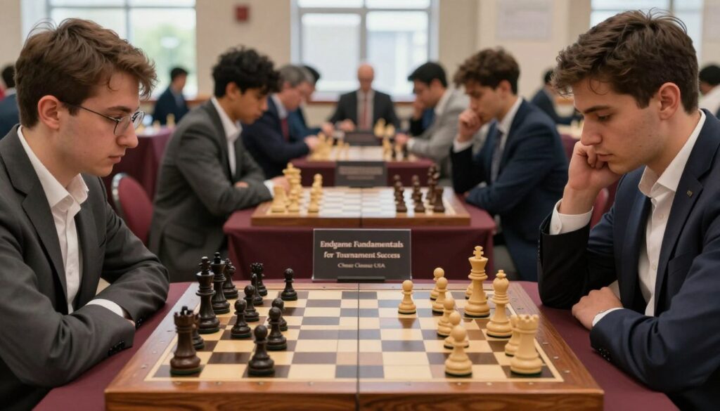 A detailed chessboard set in the foreground, featuring a close-up of the endgame scenario with a king, queen, and pawn on a rich wooden board, emphasizing strategic placement. The middle ground showcases blurred outlines of tournament players in professional attire, intently observing the game, with an air of concentration and anticipation. The background presents a softly lit tournament hall, lined with chess tables and spectators, creating a vibrant yet focused atmosphere. Natural light filters through large windows, casting gentle shadows that highlight the intensity of the match. The overall mood exudes seriousness and dedication, reflecting the essence of “Endgame Fundamentals for Tournament Success” and subtly noting the brand "Chess Classes USA."