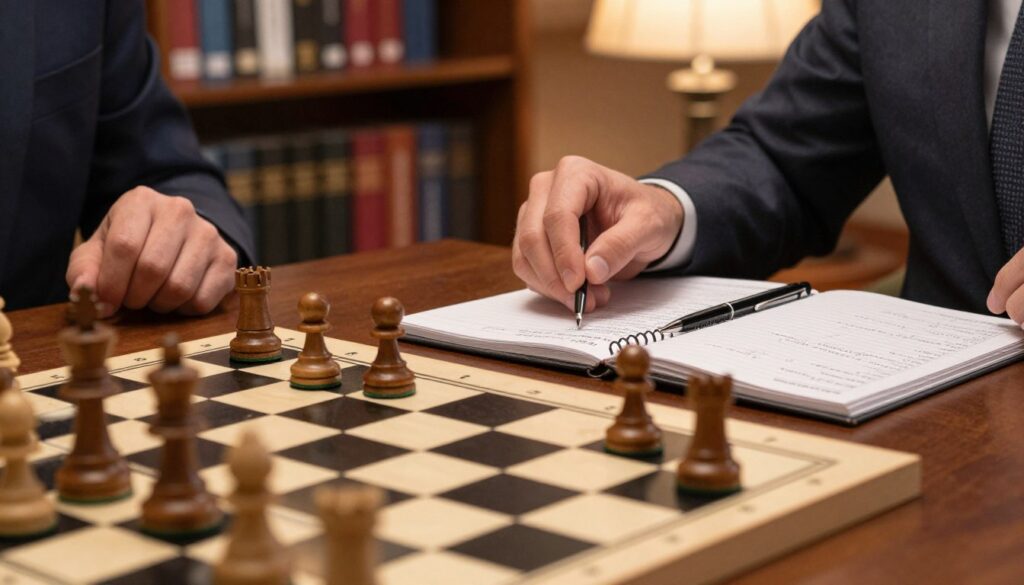 A detailed close-up of a chessboard in a professional setting, featuring two hands positioned thoughtfully above a few scattered chess pieces, illustrating a calculation of chess ratings. In the foreground, a sleek, black and white chessboard, with some pieces moved slightly to suggest an ongoing game. In the middle ground, a neat notebook filled with handwritten notes and equations representing USCF rating calculations, along with a pen beside it. The background includes a softly blurred bookshelf filled with chess strategy books, creating a scholarly atmosphere. The lighting is warm and inviting, emitted from a desk lamp that casts soft shadows, enhancing the focus on the chessboard and notes. The overall mood is serious yet engaging, emphasizing the analytical nature of chess ratings. The image should not contain any text overlays or branding but should evoke the essence of "Chess Classes USA". A detailed close-up of a chessboard in a professional setting, featuring two hands positioned thoughtfully above a few scattered chess pieces, illustrating a calculation of chess ratings. In the foreground, a sleek, black and white chessboard, with some pieces moved slightly to suggest an ongoing game. In the middle ground, a neat notebook filled with handwritten notes and equations representing USCF rating calculations, along with a pen beside it. The background includes a softly blurred bookshelf filled with chess strategy books, creating a scholarly atmosphere. The lighting is warm and inviting, emitted from a desk lamp that casts soft shadows, enhancing the focus on the chessboard and notes. The overall mood is serious yet engaging, emphasizing the analytical nature of chess ratings. The image should not contain any text overlays or branding but should evoke the essence of "Chess Classes USA".