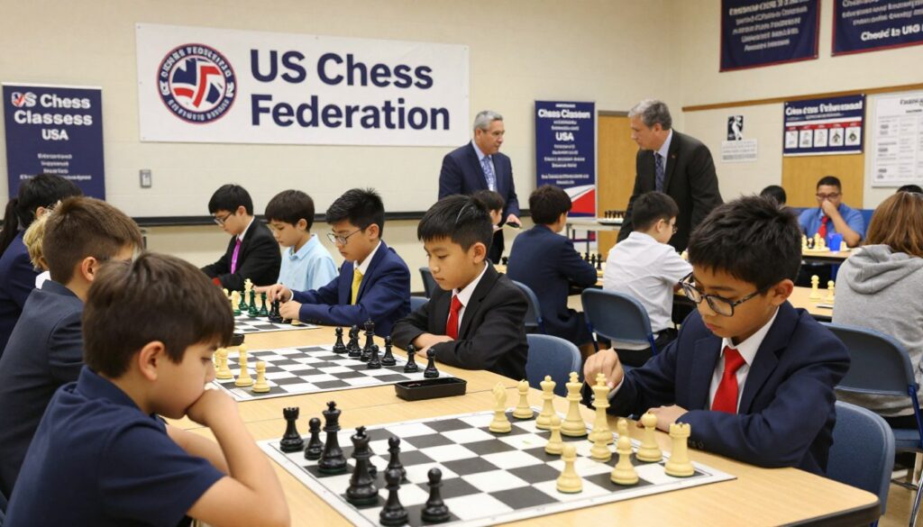 A detailed composition of the US Chess Federation's scholastic chess system, featuring a bustling school chess tournament in the foreground. A diverse group of schoolchildren, dressed in professional business attire, intently focuses on their chessboards, showcasing various stages of play. In the middle ground, a large banner reads “US Chess Federation” above tables filled with colorful chess pieces, while adult coaches provide guidance. The background shows a well-lit school gymnasium with banners and posters related to chess, creating an energetic atmosphere. Ambient lighting highlights the excitement in the air, and a low-angle shot captures the intensity of the players’ expressions. The logo "Chess Classes USA" is subtly integrated into the scene, enhancing the sense of community and support within the scholastic chess framework.