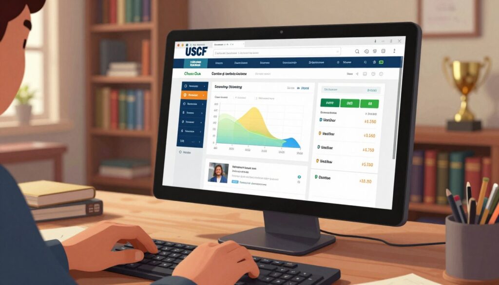 A detailed digital illustration of the USCF rating lookup tool interface displayed on a computer screen. The foreground features a close-up view of a user's hands on a sleek keyboard, navigating the interface. In the middle, the computer screen shows a vibrant and interactive USCF rating lookup tool with various colorful graphs, rating numbers, and player statistics. The background contains a cozy study room setting with bookshelves filled with chess books and trophies, subtly illuminated by warm, natural light coming through a window. The mood is focused and educational, ideal for a professional chess setting. The logo "Chess Classes USA" is elegantly integrated into the design, enhancing the educational atmosphere without disrupting the overall clarity of the scene.