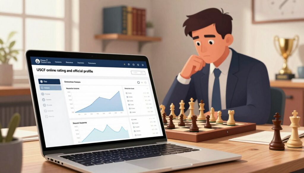 A detailed illustration depicting the concept of "USCF online rating and official profile." In the foreground, display a sleek laptop with a well-organized online profile interface featuring chess ratings, with graphs and statistics prominently visible. In the middle, include a professional chess player in business attire, focusing intently on the screen, with a chessboard slightly blurred beside them. The background should show a cozy, modern workspace filled with chess books and trophies, softly illuminated by warm, natural light coming through a nearby window. Capture a thoughtful and focused atmosphere, emphasizing the importance of online ratings in a professional chess environment. Include a subtle branding detail for "Chess Classes USA" on the laptop screen, enhancing the educational theme.